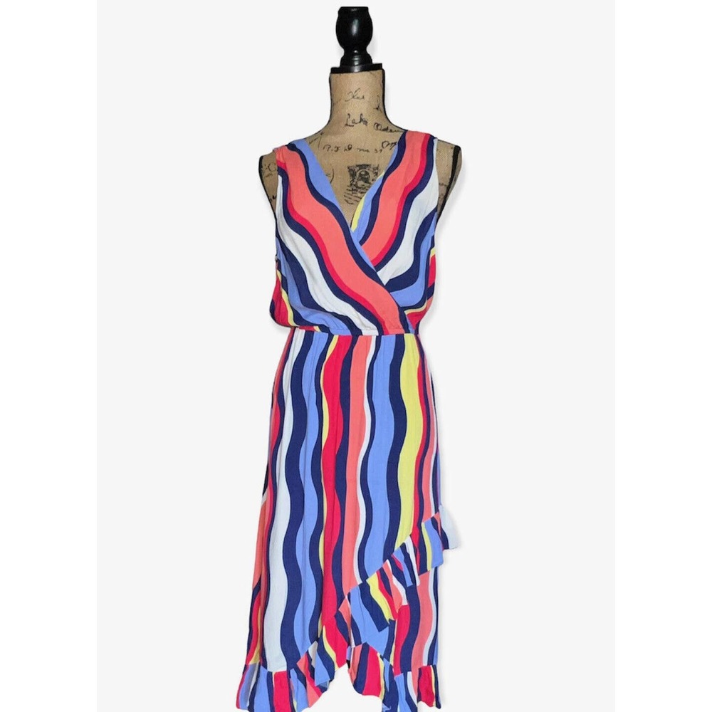 PLENTY TRACY REESE DRESS MULTICOLORED STRIPED RUFFLED FAUX WRAP MIDI SMALL S